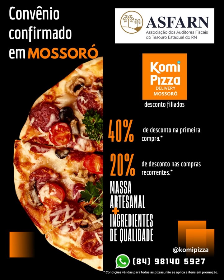 QUER A MELHOR PIZZA DE MOSSORÓ COM 40% DE DESCONTO?!! A NOVA CONVENIADA ASFARN TEM ESSE DESCONTÃO PRA VOCÊ! QUER A MELHOR PIZZA DE MOSSORÓ COM 40% DE DESCONTO?!! A NOVA CONVENIADA ASFARN TEM ESSE DESCONTÃO PRA VOCÊ!